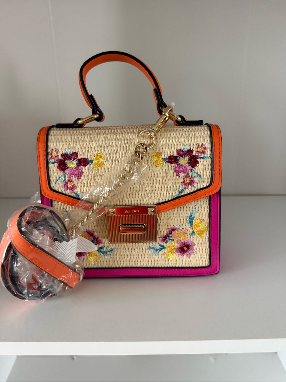 Straw Embroidered Top-Handle Satchel in Ivory with Orange & Pink Trim